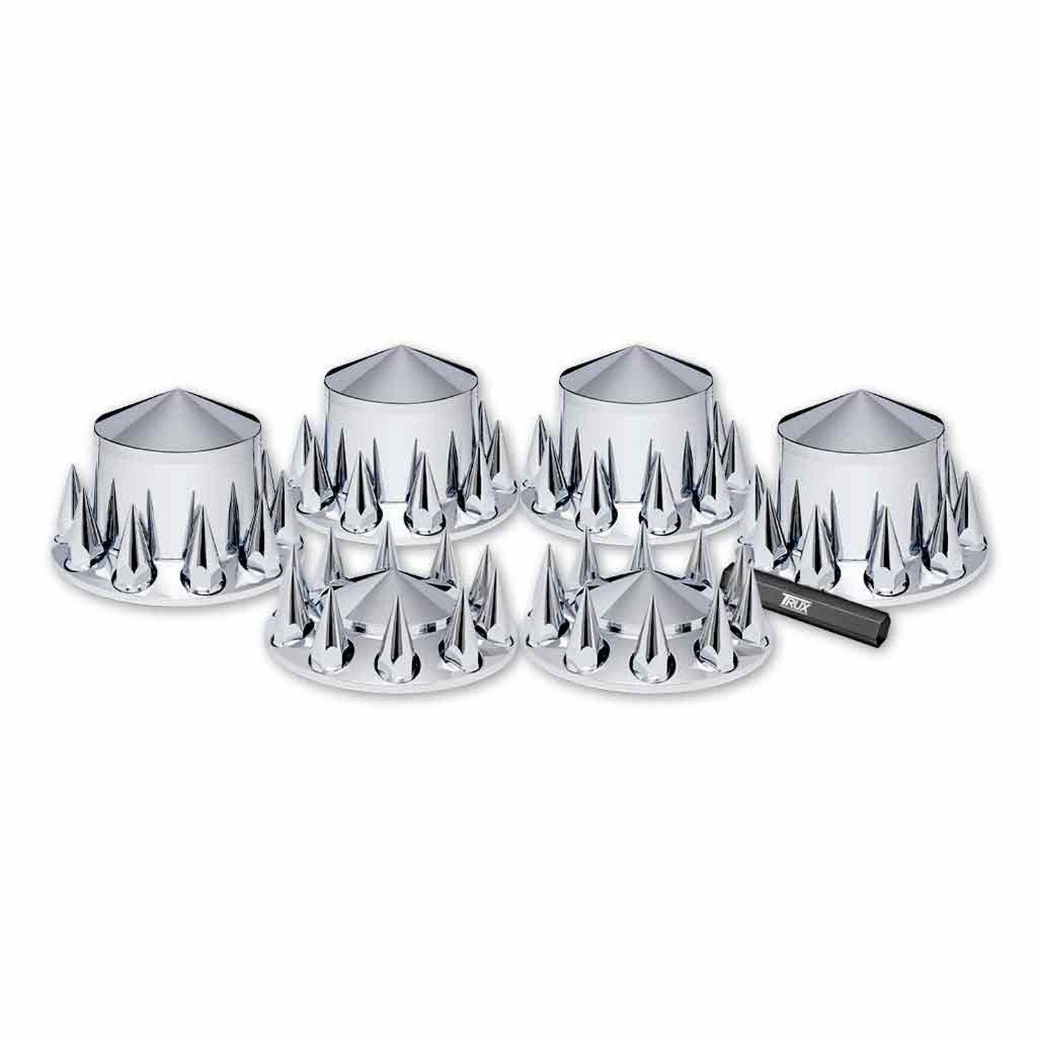 Kit Completo de Cubiertas de Maza ABS Plástico Cromado (Delantera y Trasera)  Incluye Tapachuchos Removible y Tapas de Tuercas Roscadas Puntiagudas de 33mm - Para 1 Eje Completo - Marca TRUX