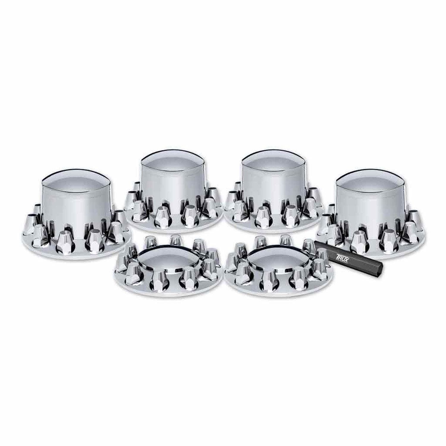 Kit Premium Completo de Tapachuchos Cromados - Incluye 2 Cubiertas de Eje Delanteras + 4 Traseras + Llave para Tuercas Roscadas de 33mm Tipo Cúpula - Plástico ABS de Alta Resistencia - Marca TRUX